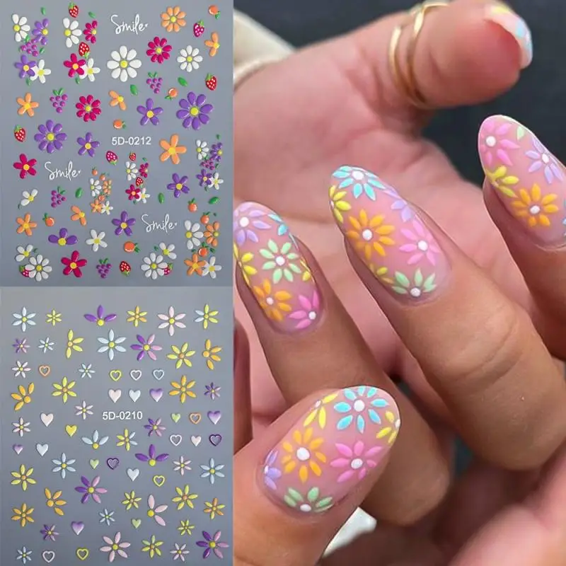 Exquisita pegatina 5D para uñas de Margarita, 1 hoja, calcomanía Floral colorida para uñas, 8x10cm, autoadhesiva, lujosa decoración artística de uñas con margaritas