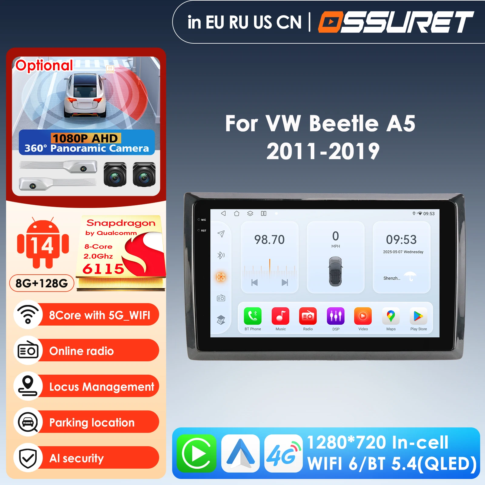 

OSSURET Snapdragon Car Stereo Radio Multimedia Video for Volkswagen Beetle A5 2011-2019 Navigation GPS Carplay Android Auto
