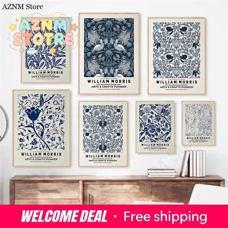 William Morris Print Exhibition Poster Blue Botanical Flower Canvas Painting Floral Wall Art Living Room Decoration Home Deco