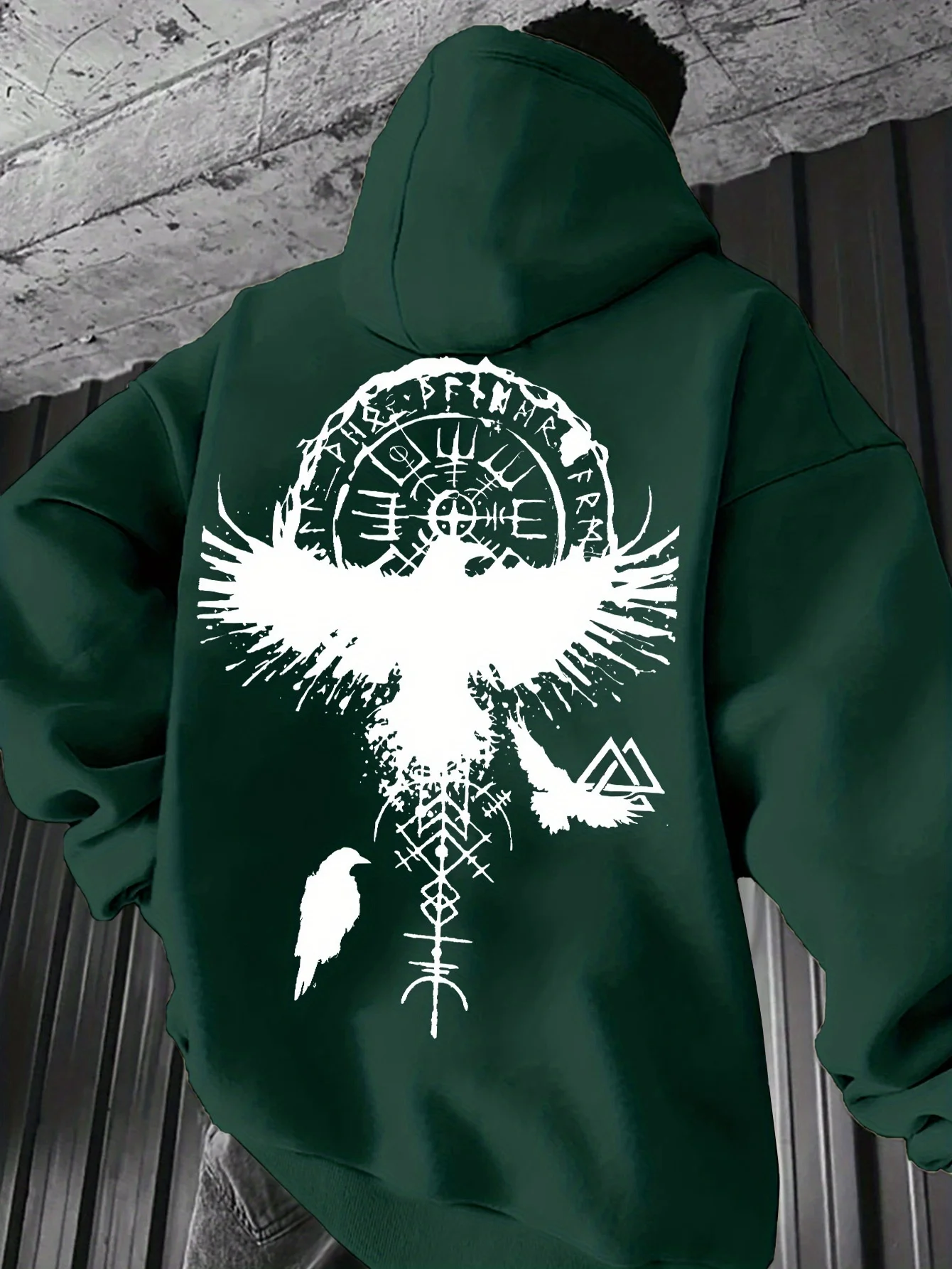 Edgy Myth‑Style Men Hoodie Splash Raven Viking Rune Symbol Back Graphic Print Autumn‑Winter Sweatshirt - view 3