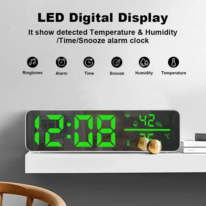 Tuya Wifi Temperature And Humidity Alarm Clock Multi-Function LED Digital Clock For Living Room, Farmhouse, Office