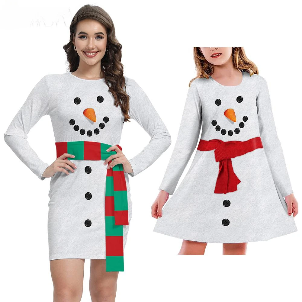 Christmas Costumes Matching Clothes Santa Dress Cosplay Snowman Printed Dresses Christmas Women Girl Fancy Dress