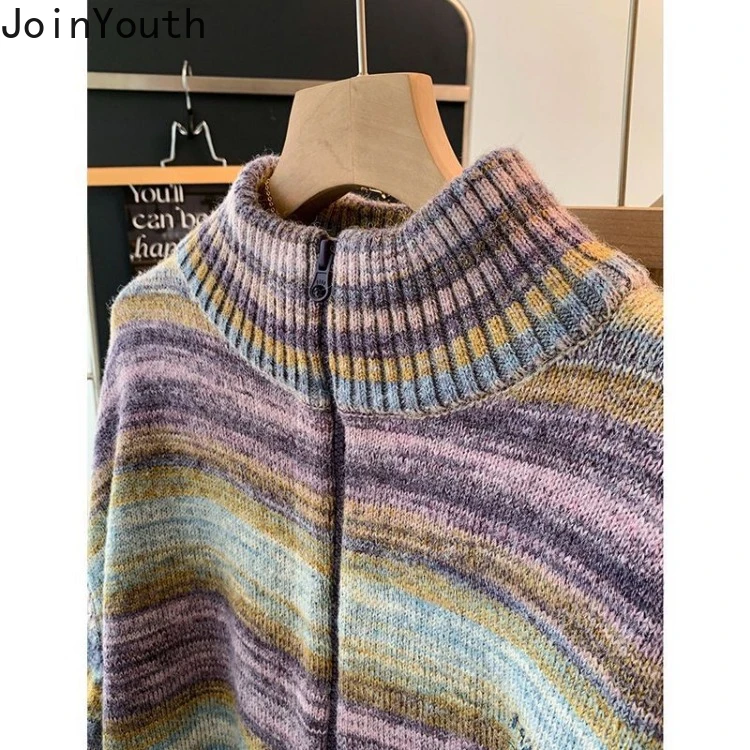 Knitwear Casual Cardigan Jackets Women Fashion Rainbow Stripe Sueter Mujer Stand Neck Zipper Casual Vintage Oversized Sweater