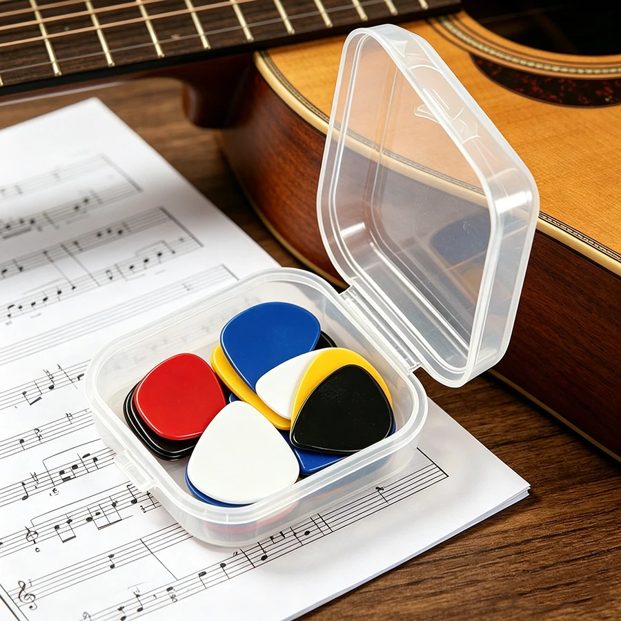 12pcs Color Guitar Pick & Mini Transparent Storage Box, Portable Storage Case for Guitar Picks for Plectrums & Small Accessories
