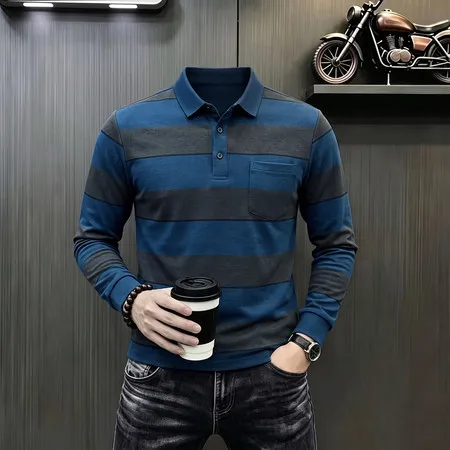 Einfaches Herren-Poloshirt mit langen Ärmeln, Kragen, Brusttasche, Knopfleiste, für Büro, Frühling, Herbst, Freizeit. – Detail 15