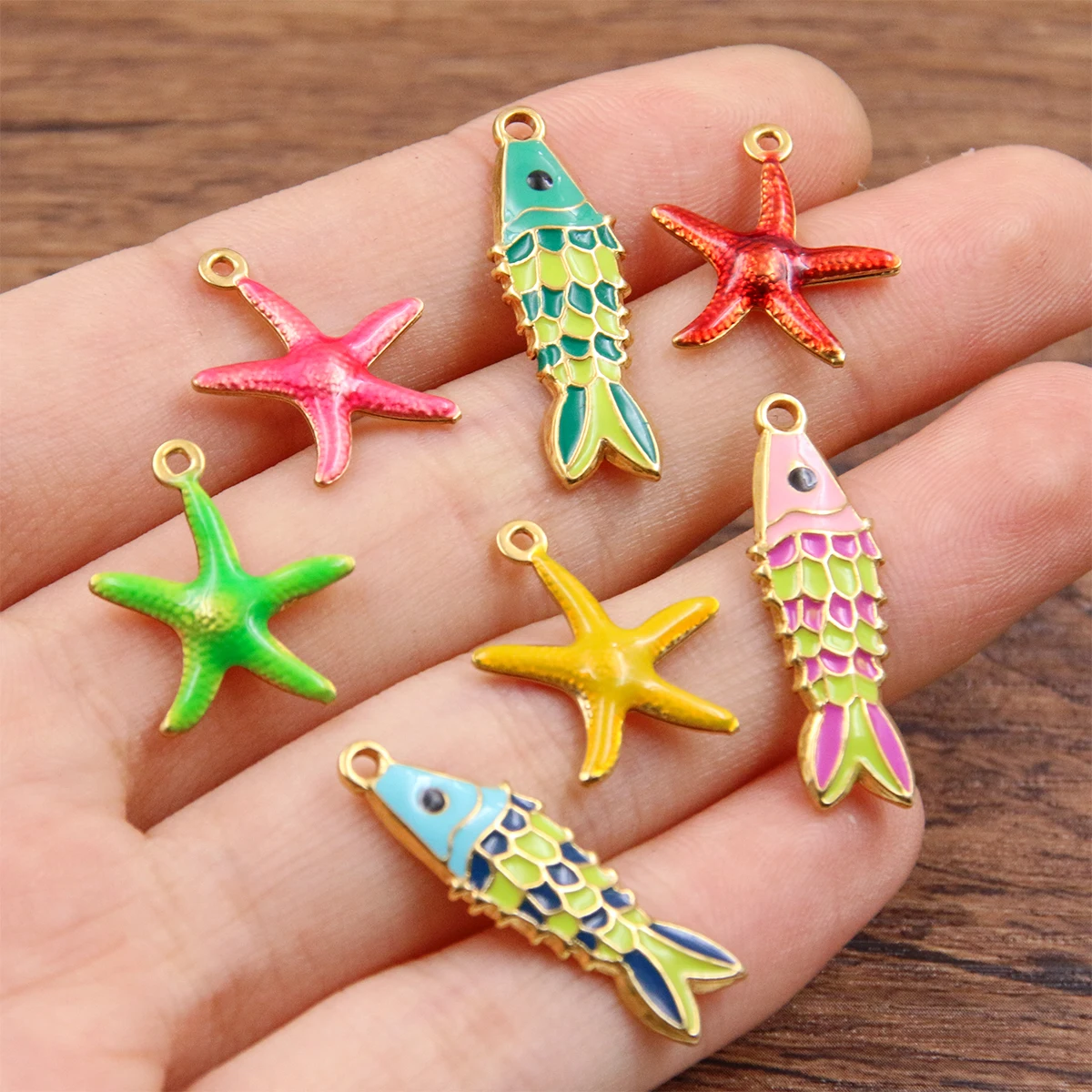 5Pcs 2 Style Multicolor Drip Oil Stainless Steel Animal Pendant Fish Starfish Charm DIY Necklace For Jewelry Making