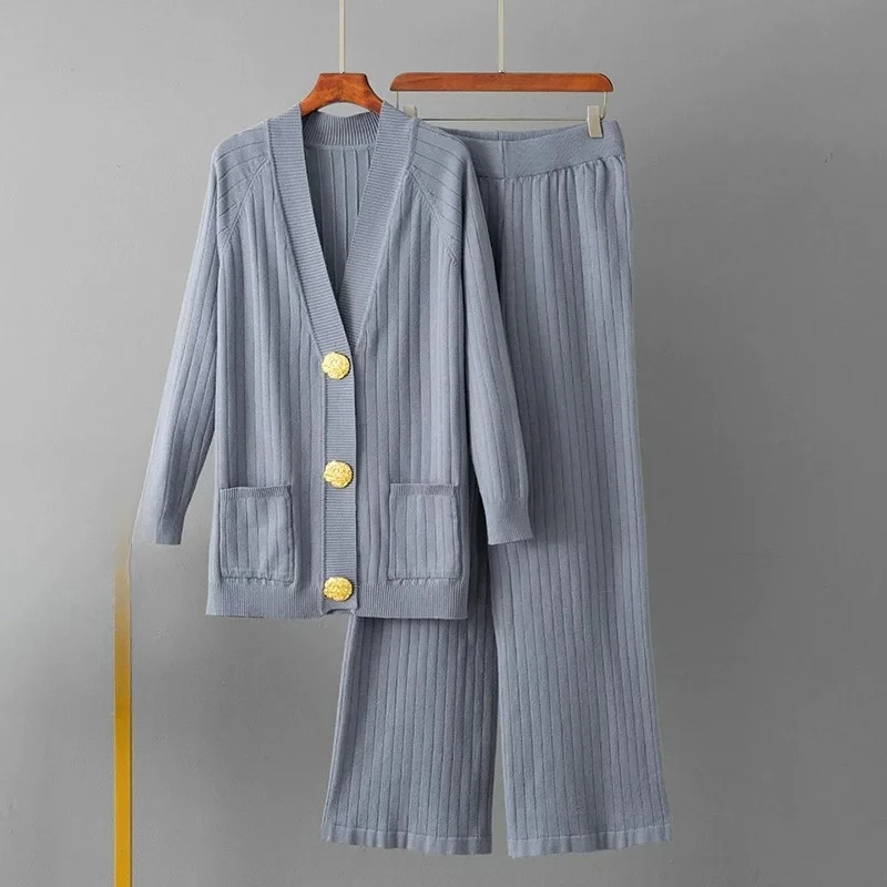 

Autumn and winter new solid color loose metal button cardigan set+wide leg pants two-piece set for women