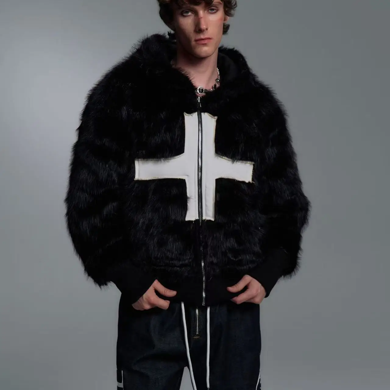 Casaco masculino elegante com capuz cruzado, casaco de inverno de pele artificial resistente ao frio de pelúcia casual moda y2k preto tops overwear masculino