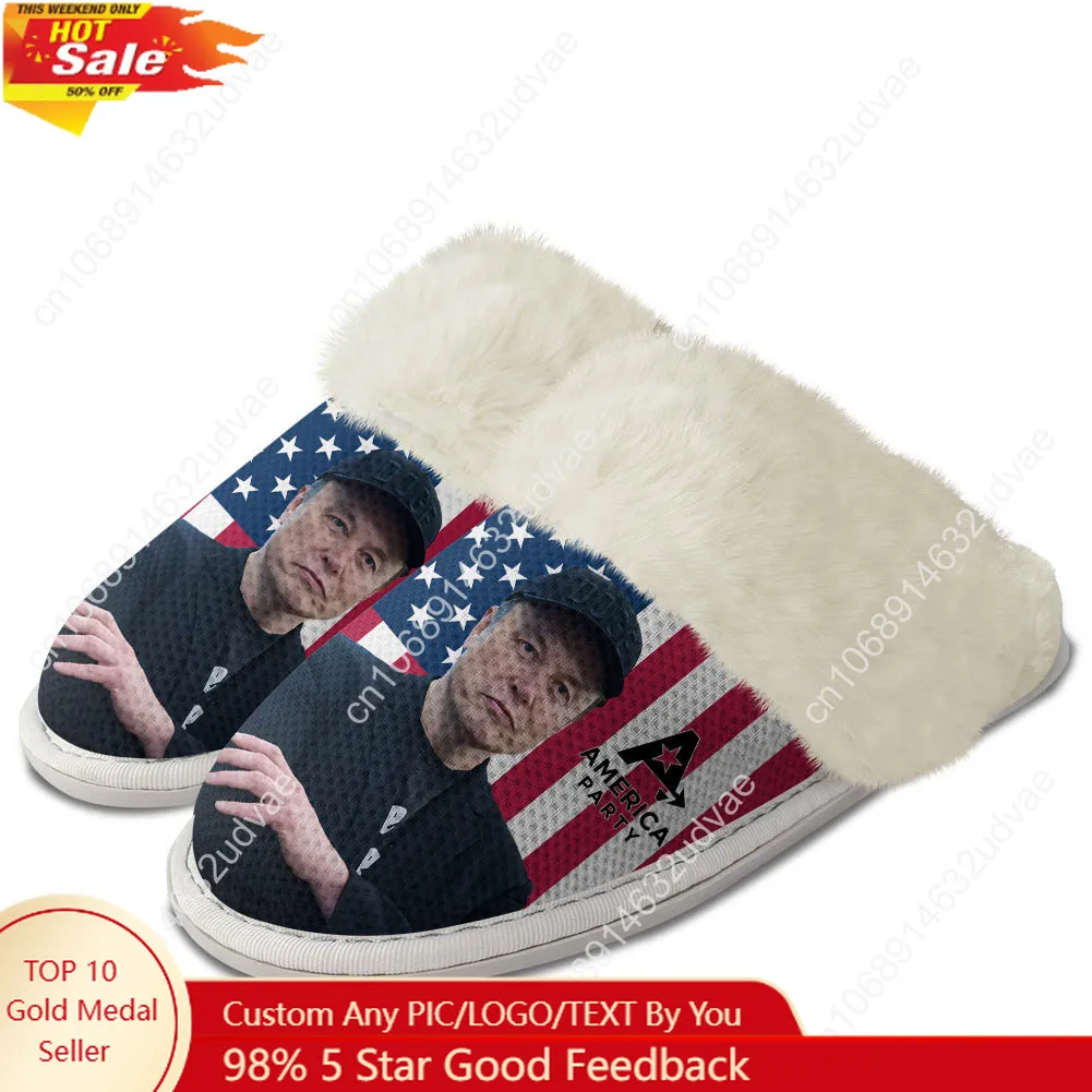 

America Party Plush Slippers Keep Warm Shoes Mens Womens Soft Foot Cover Elon Musk Elastic Cotton Customized Thermal DIY Slipper