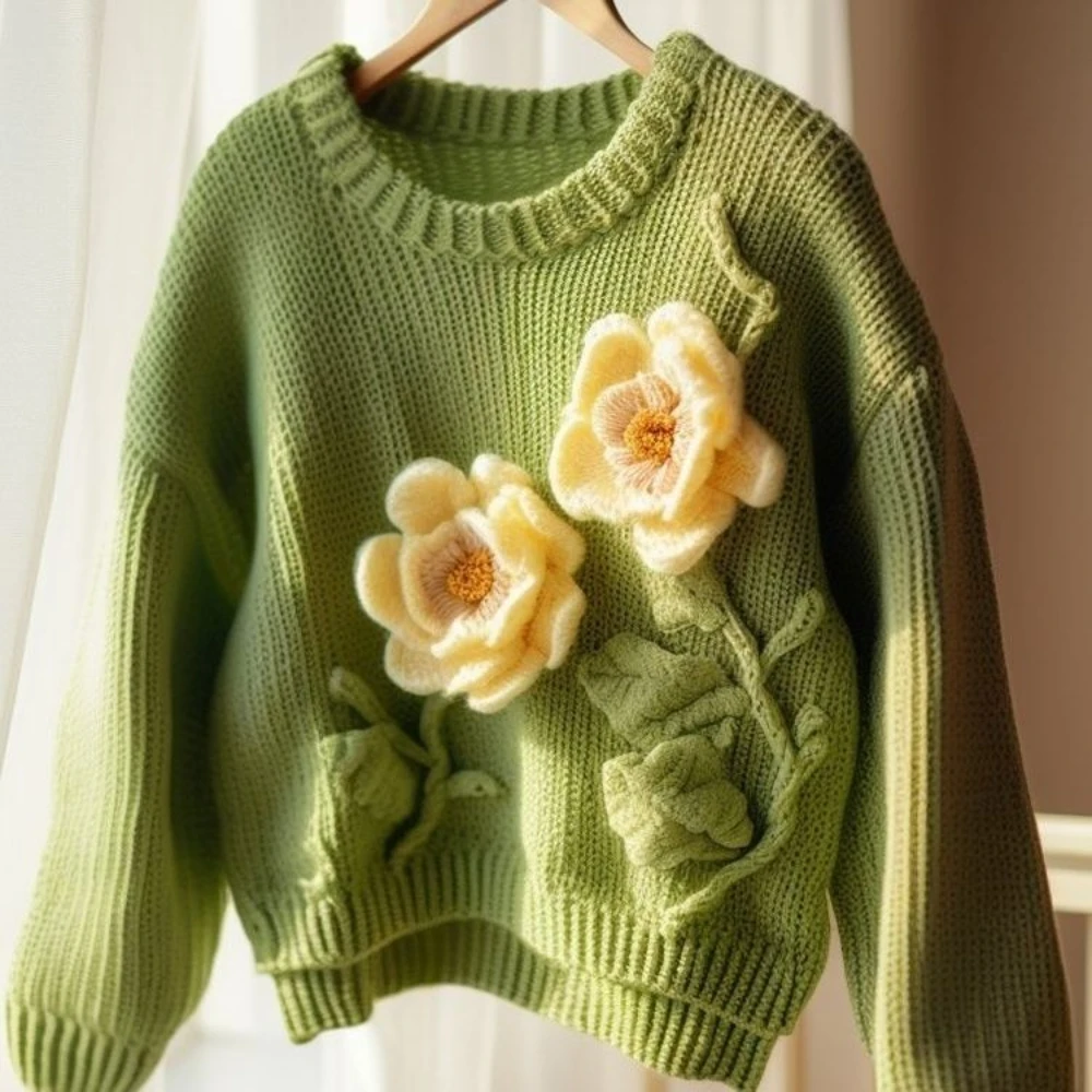 2025 nueva moda hermosa prendas de punto industria pesada suéter de flores verdes chaqueta mujer Otoño Invierno nuevo estilo Jersey Top