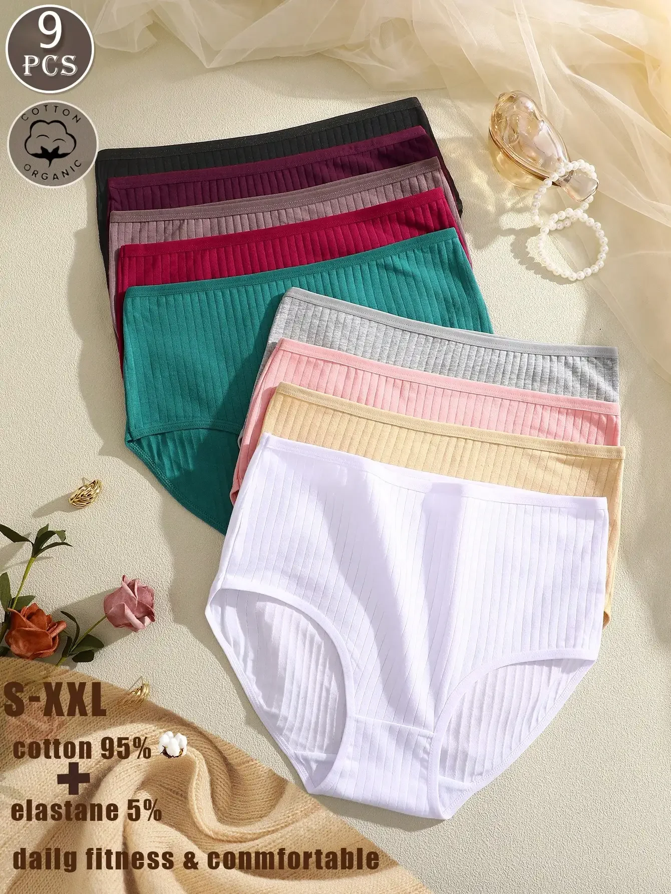 

9PCS Women's Multi-Color 100% Cotton Ribbed Soft & Comfortable High-Waisted Briefs, Plus Size Women's Underwear S-XXL