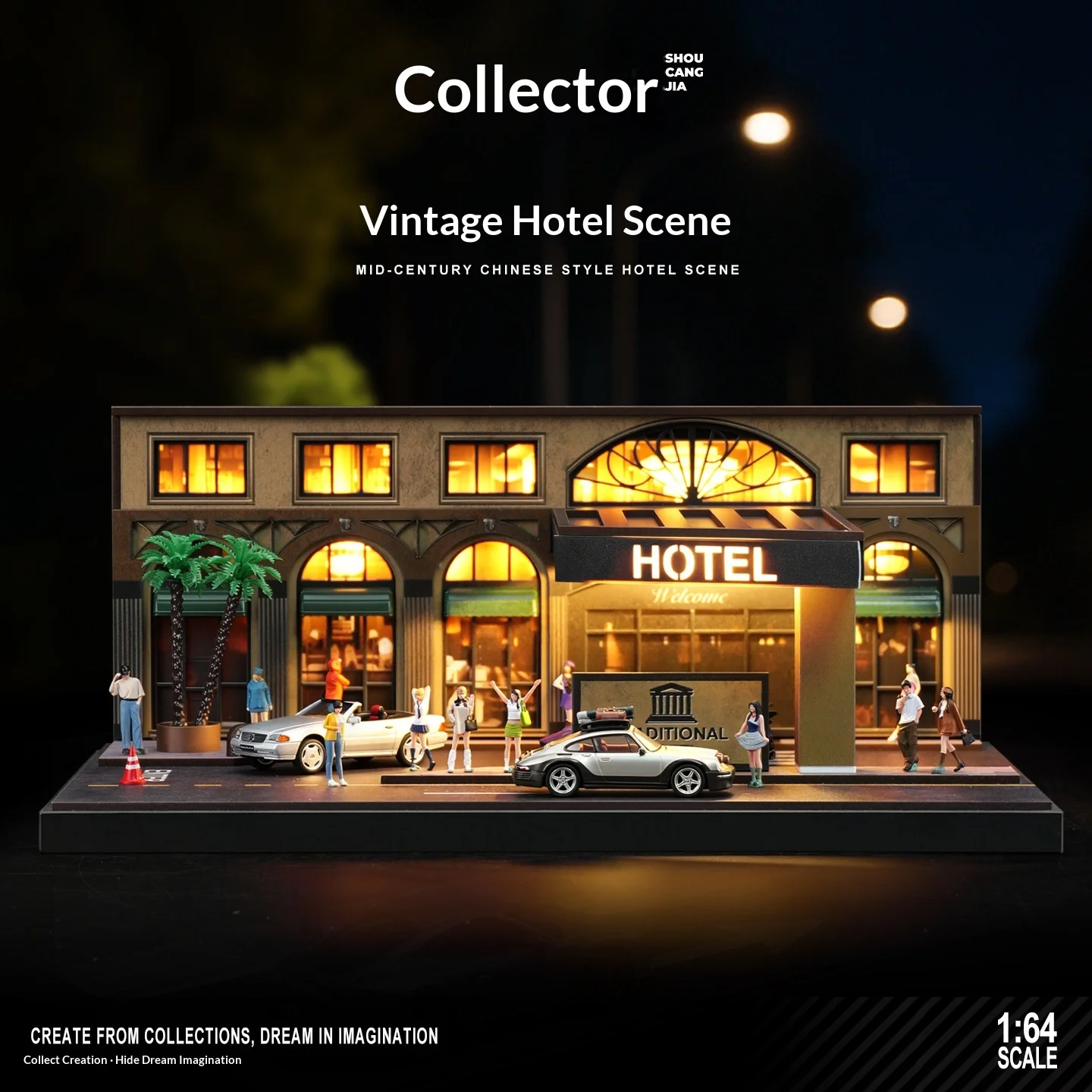 Collector 1:64 Scale Vintage Hotel Building Diorama with LED Lights Realistic Miniature Scene & Diecast Car Storage Display Case