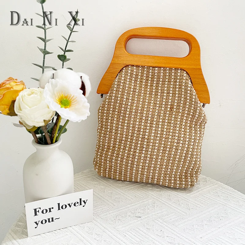 

Lady Tote Bags Straw Clip Bags for Women Small Wooden Handle Handbags Clutch Bags
