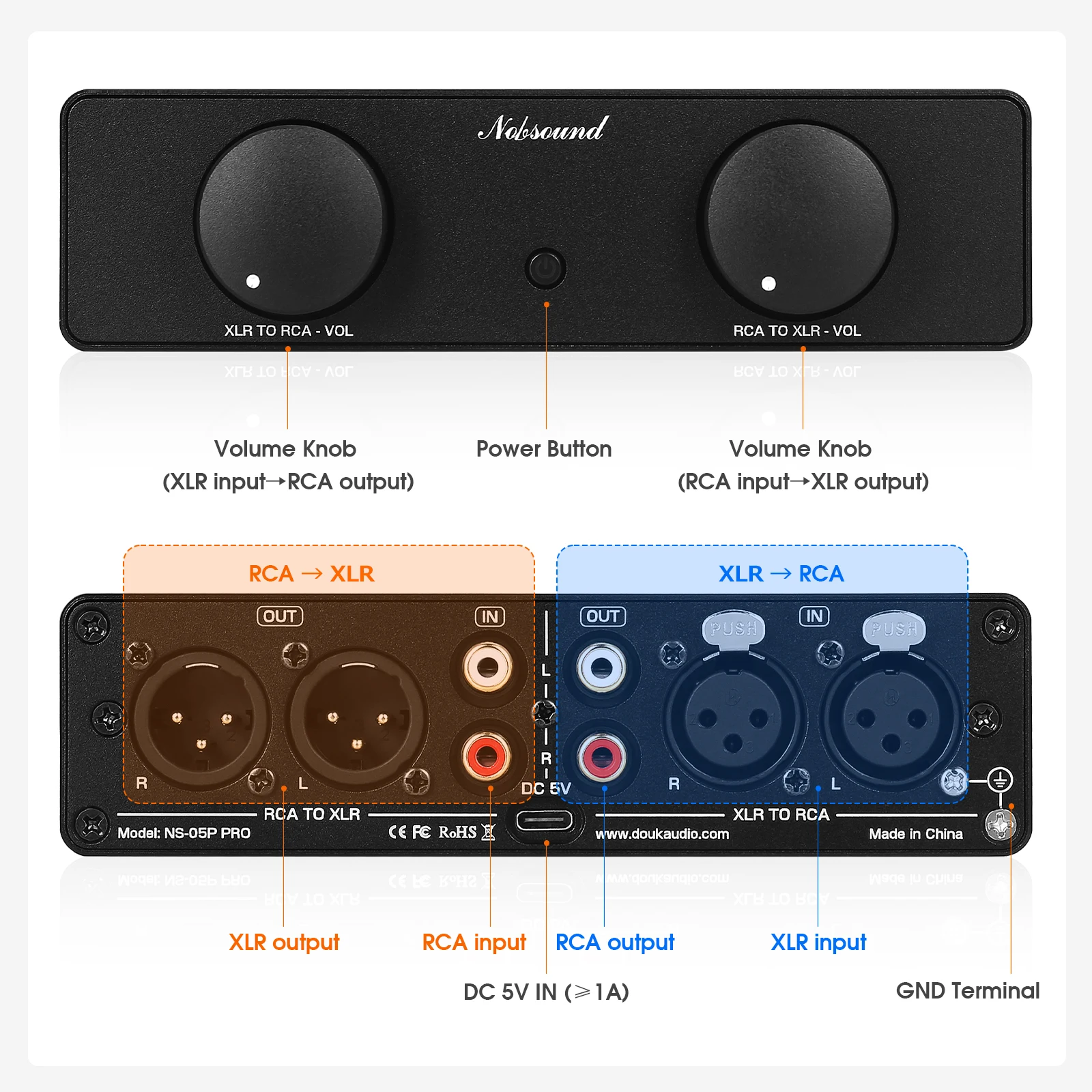 Nobsound NS-05 PRO HiFi XLR Balanced/ RCA Audio Converter Bi-Directional Adapter Preamp with Volume
