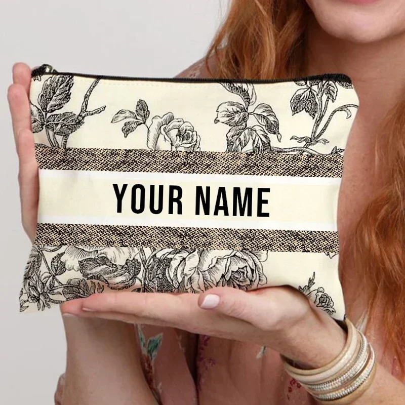 Custom Name Travel Cosmetic Organizer Women Office Supplies Storage Pouch Canvas Personalized Gift Makeup Bag Pencil Case Purse