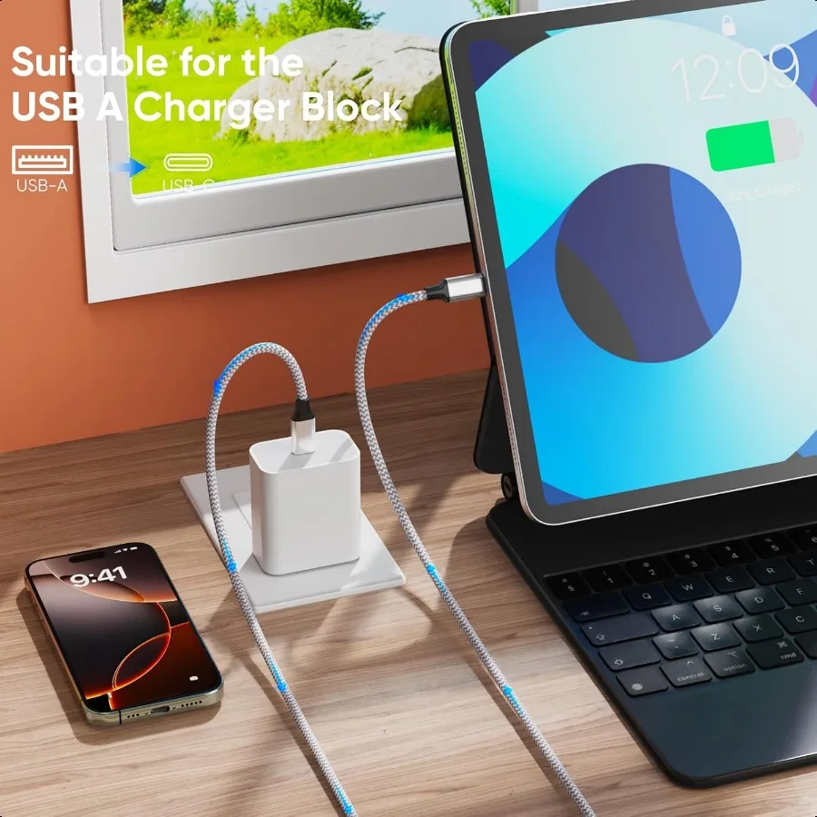 كابل USB C بطول 20 قدم طويل USB A 2.0 إلى النوع C 12 وات سلك نقل بيانات للشحن السريع متوافق مع وحدة تحكم Xbox PS5 iPhone 16 1