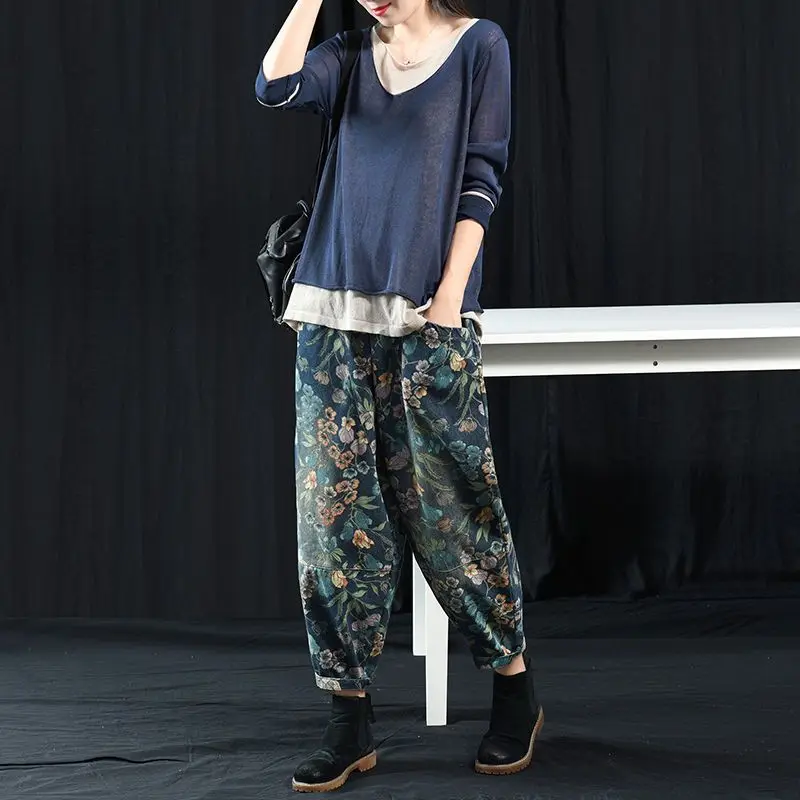 Casual Denim Harem Pants For Women Loose High Waist Baggy Jeans Spring Autumn Vintage Floral Print Trousers