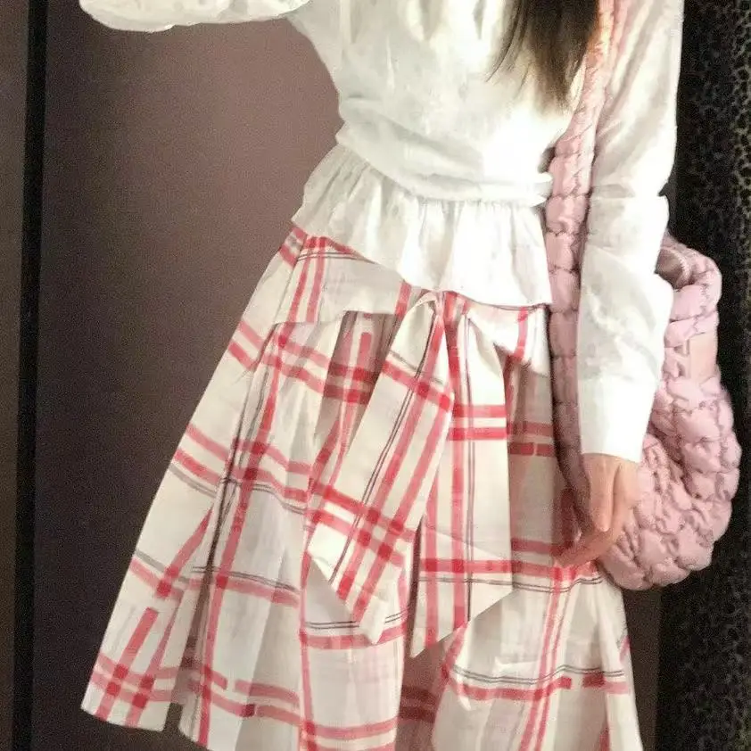 

Harajuku Plaid Skirt Women Lace Up A-line Skirts High Wasit Y2k Japanese Long Skirt Summer Korean Style Maxi Skirts