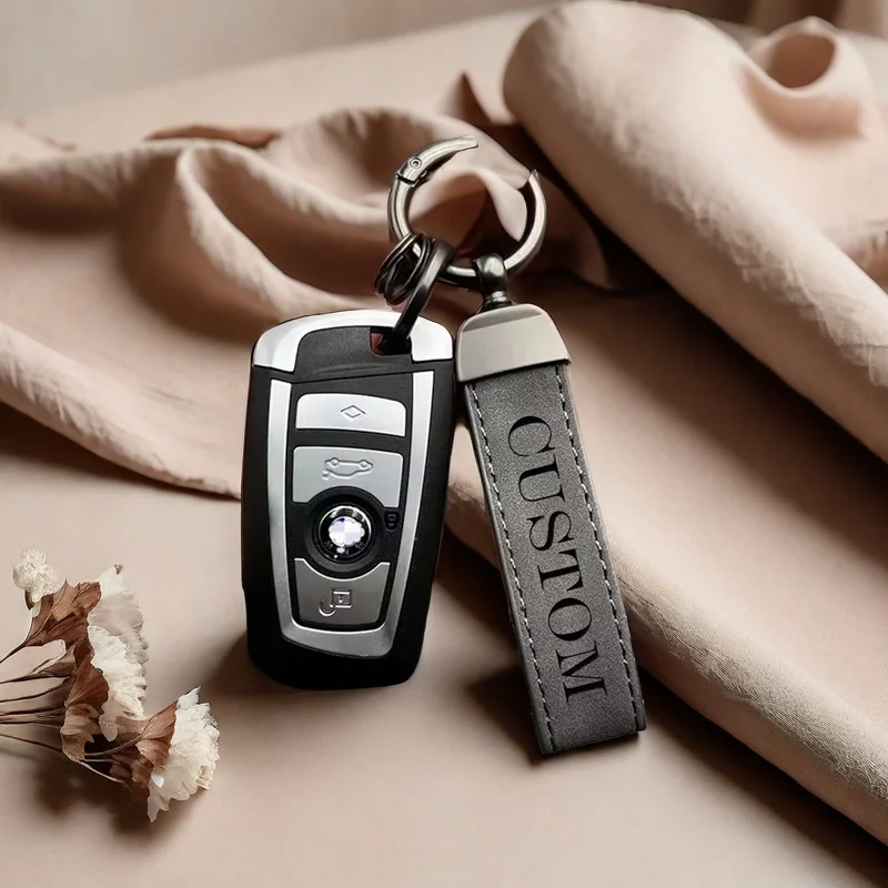 

Laser-Engraved Custom Name Logo Leather Vintage Moto Car Keychain Keyring Key Chain Ring Minimalist Unisex Personalized Gift