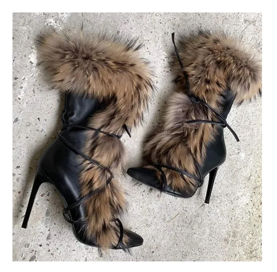 Newest Real Raccoon Fur Lace Bandage Ankle Boots Pointed Toe Black Leather High Heels Spring Winter Stage Boots