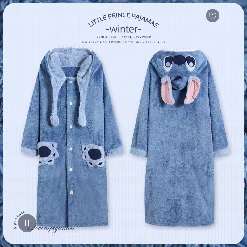 

Disney Cartoon Cute Stitch Cosplay Nightgown Winter Long Wool Comforter Melody Homewear Thickened To Wear Comfortable Pajamas