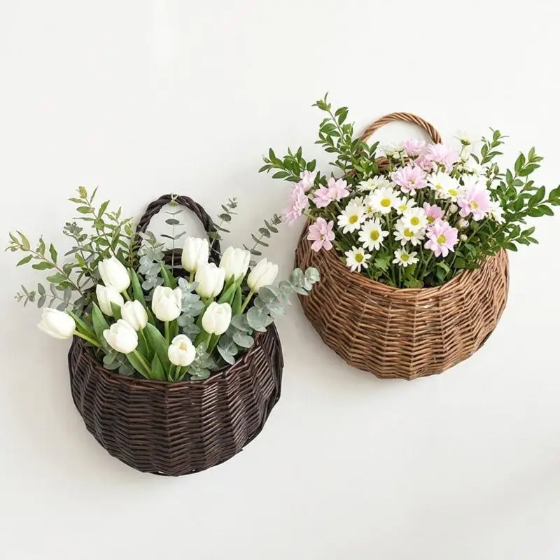 【CC】Handwoven Rattan Wall Hanging Planter Basket Sturdy Handle Large Capacity For Indoor Outdoor Home Balcony Garden Decor
