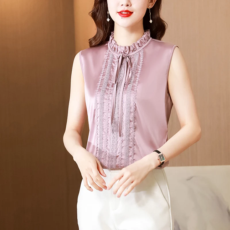 Women Clothing Fashion Elegant Lace Chiffon Blouse Summer Sleeveless O-neck Solid Color Pullover Stylish All-match Patchwork Top