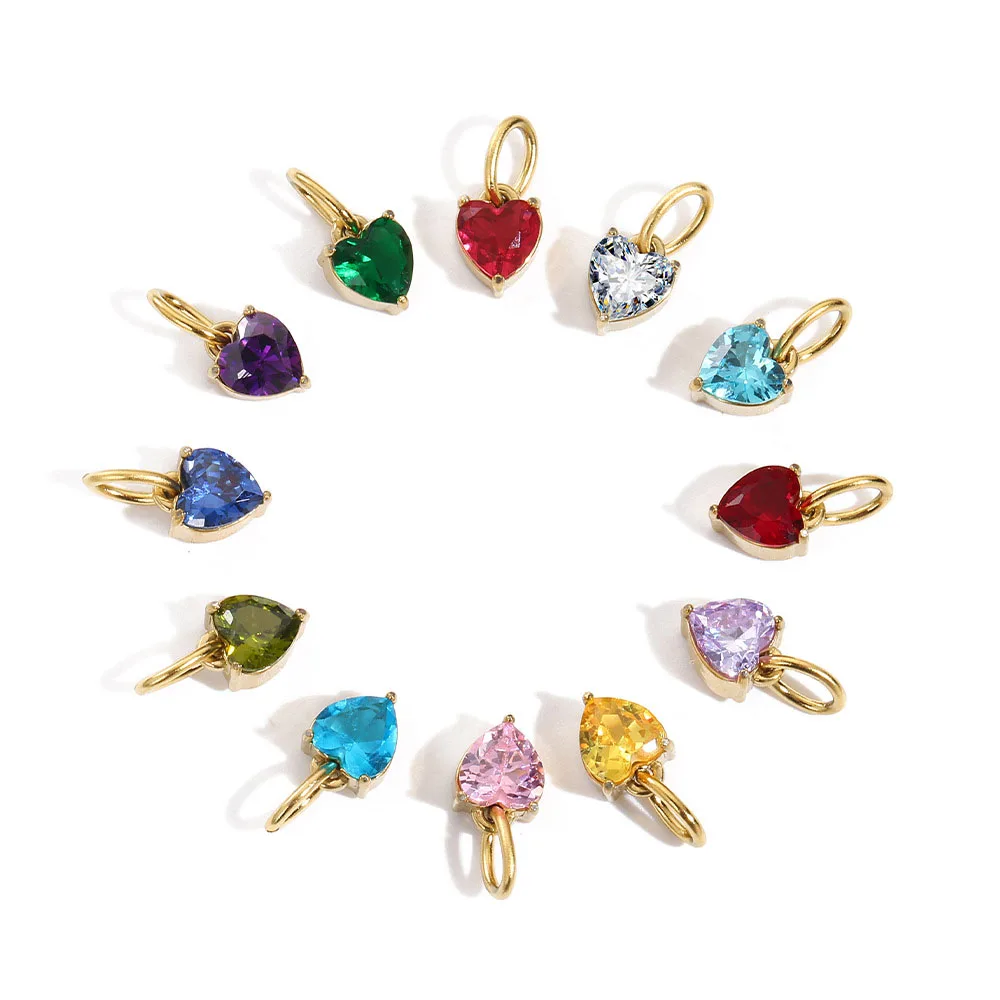 10pcs/ Bag Fashion Jewelry Stainless Steel Birthstone Zircon Pendant Heart Zircon Pendant for DIY Necklace Bracelet Making