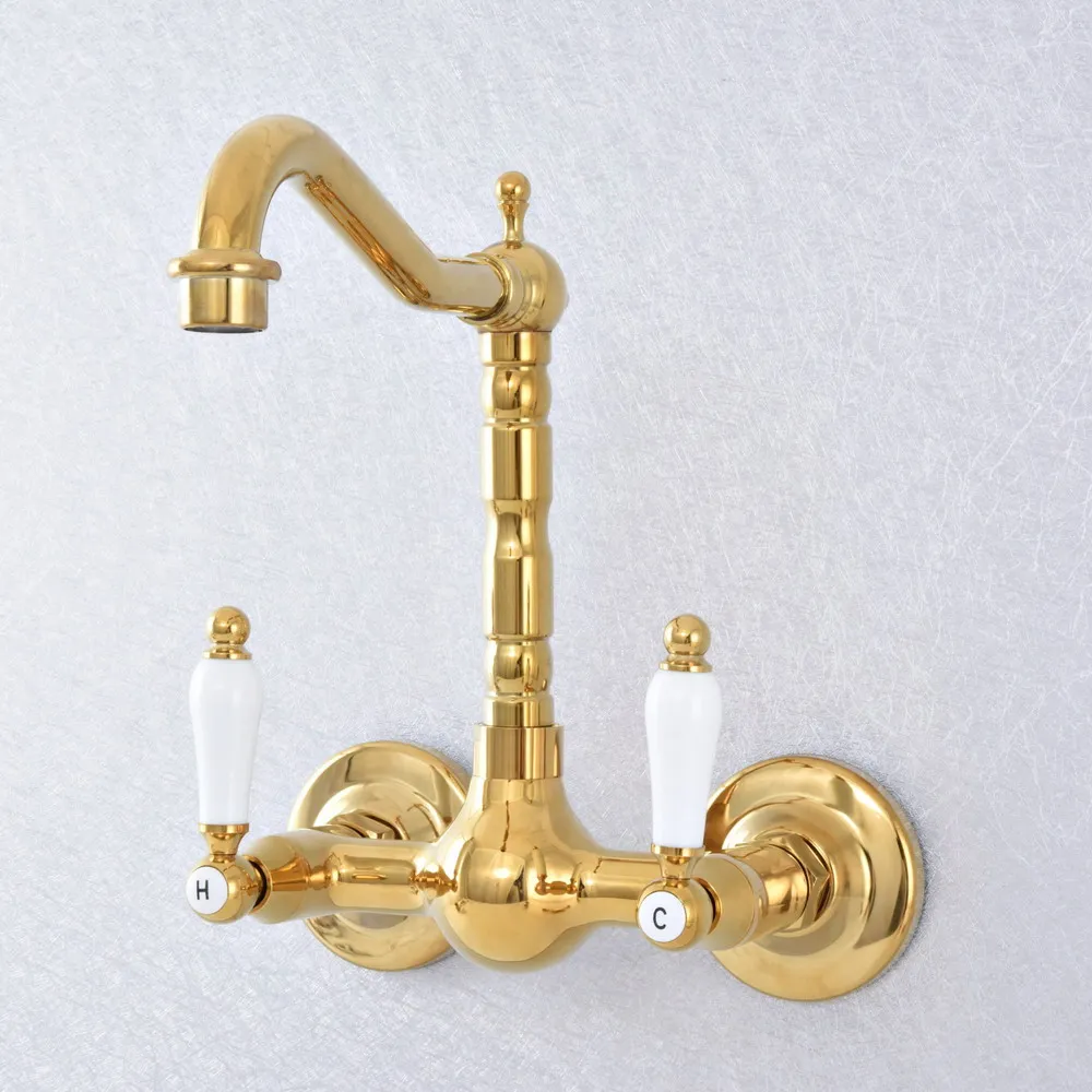 Imagem -04 - Dual Handle Duals Buraco de Parede Torneira da Bacia Golden Brass Vaidade do Banheiro Pia da Cozinha Torneiras de Água Fria e Quente Dsf616