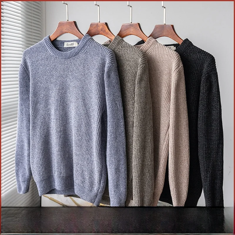 

Ультра-мягкий трикотаж из синели, круглый мужской базовый слой, повседневный свободный крой, длинный свет Thiened Youthful Sle