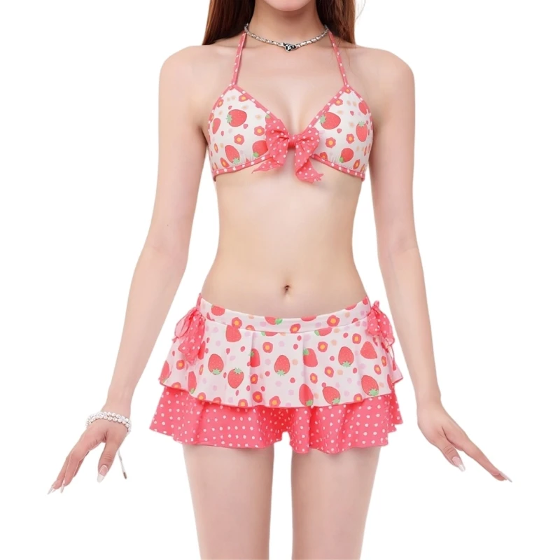 Fun Strawberry Print Tie Side Bathing Suit Set for Women at Swimming Pool X7JD
