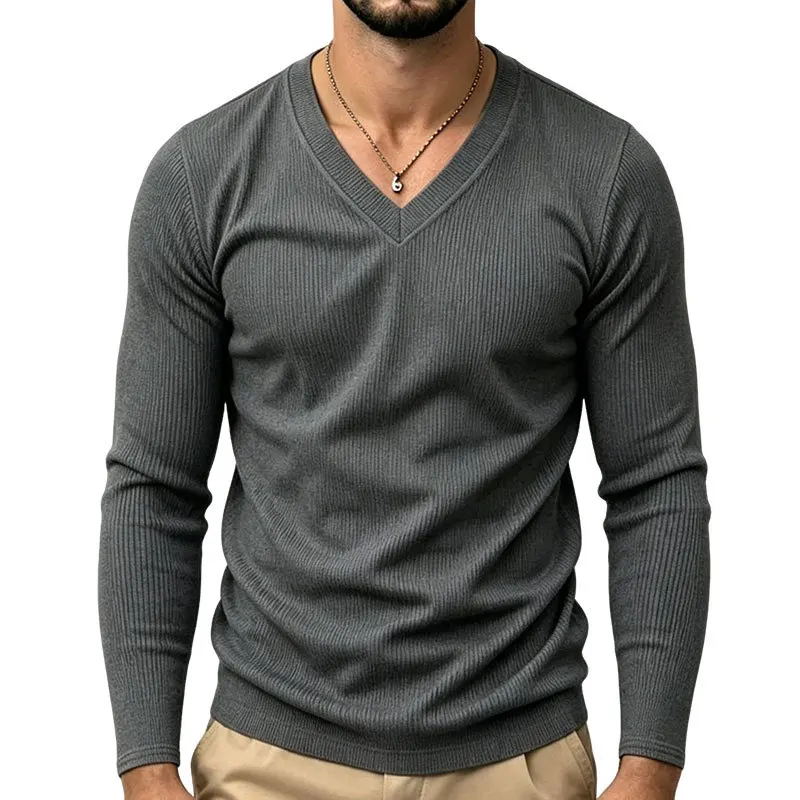 Autumn Winter Mens Tshirt V Neck Solid Color Long Sleeve Tees Men Fashion Smart Casual T Shirt Daily Knitted Pullover Tops Man