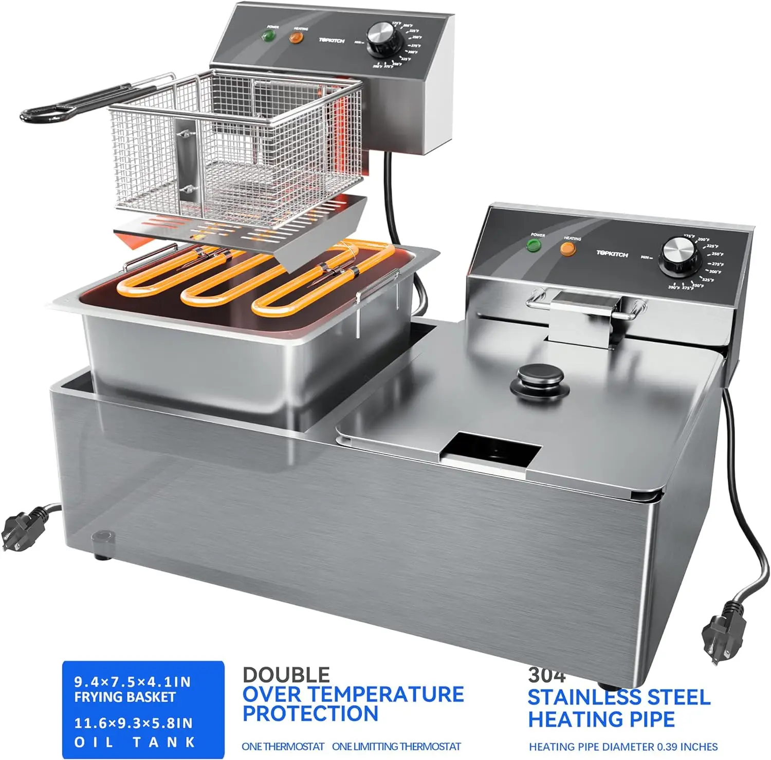 Commerciële Friteuse Rvs Dual Tank Met 2 Manden Capaciteit 10l X 2 Elektrische Countertop Friteuse Voor Restaurant