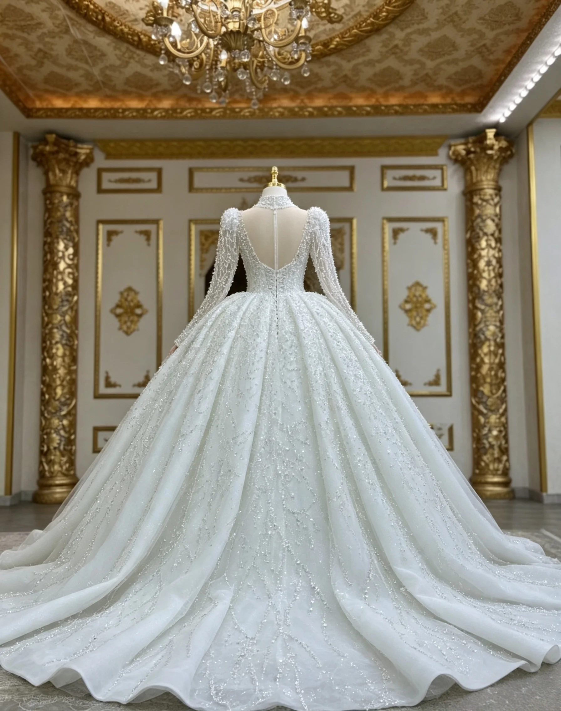 New Arrival Luxury Full Beaded Long Sleeve Ball Gown Wedding Dress Customized Sparkly Glitter Tulle Court Train Bridal Gowns