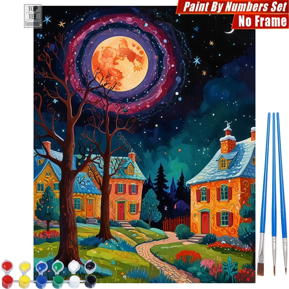 Juego de pintura por números de casas de cuento de hadas sin marco, casas, nieve, luna, actividades familiares, regalo del día de la madre para esposa, 1 ud.