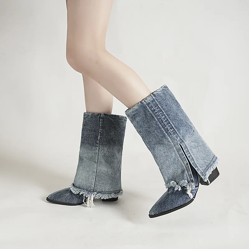 

Pleated Block Heels Denim Boots for Women 2025 Autumn Pointed Toe Women Fashion Sexy Cowboy Woman Denim Pointed Toe Chunky Boots