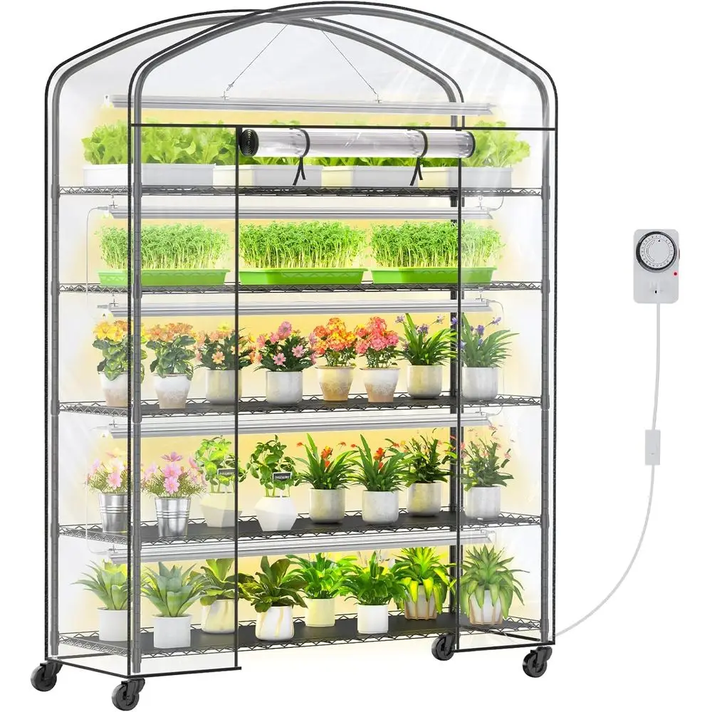 

5-Tier Indoor Greenhouse with Grow Light and PVC Cover, 61x21.6x79, Compact Metal Stand for Plant Growth and Seedling