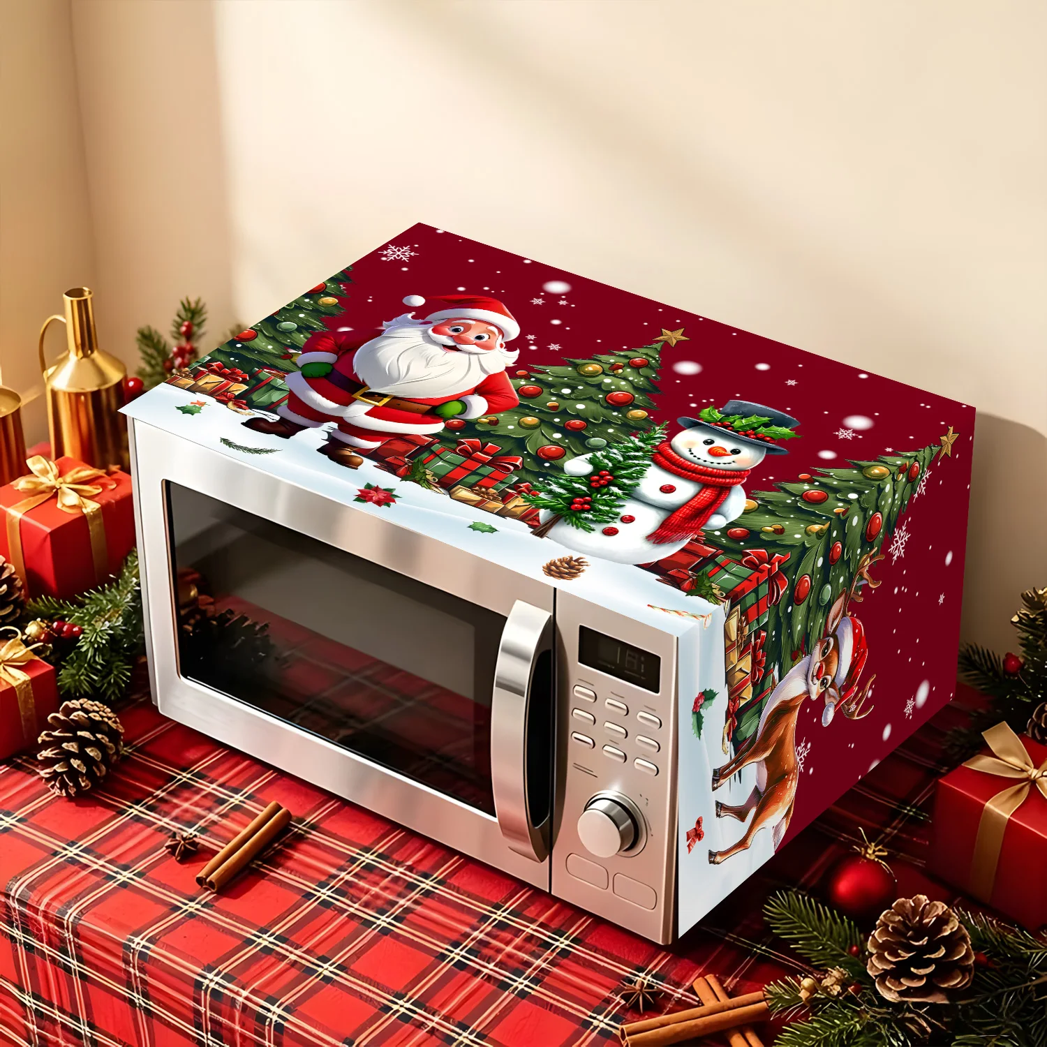 Christmas Microwave Oven Top Cover Santa Snowman Reindeer Print Kitchen Dust Protector Decorative Holiday Kitchen Decoration