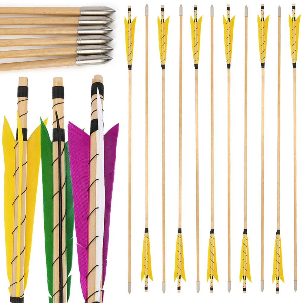

6/12pcs Wood Arrows 32.3Inch Turkey Feather Fixed Stainless Steel Arrowhead OD8mm Shaft for Adults Outdoor Hunting Shooting Acc