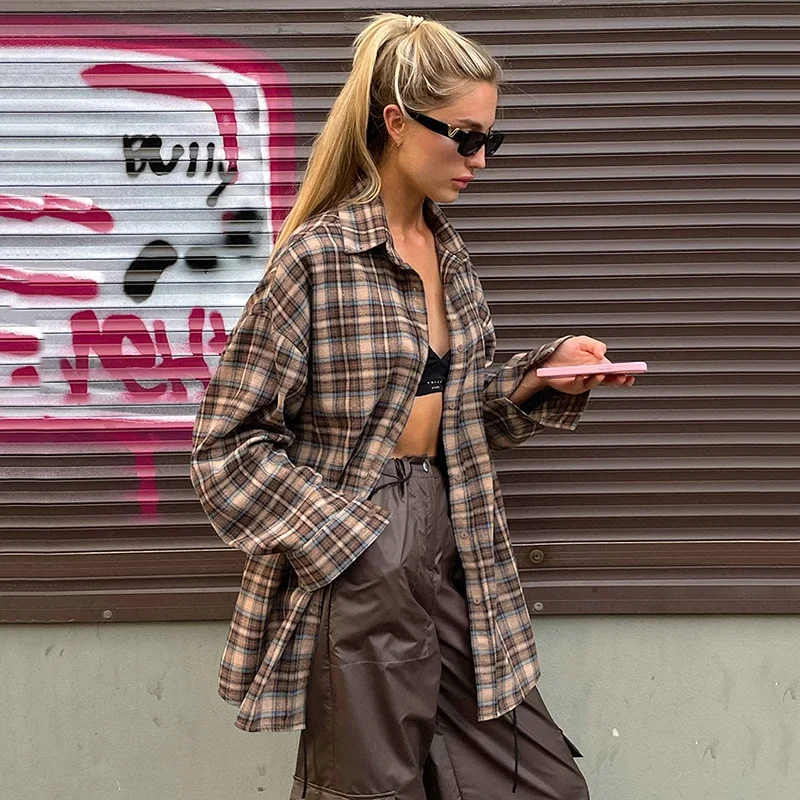 

Весенне-осенняя винтажная женская блузка в клетку в стиле Харадзюку, свободная рубашка с длинным рукавом на одной пуговице, повседневная уличная одежда