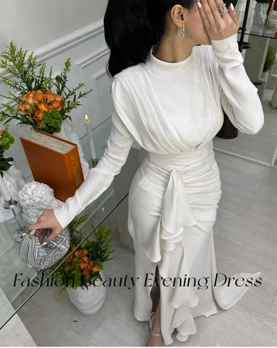 Imagen 2 del producto Vestido de noche blanco plisado con abertura lateral para mujer, vestido de fiesta Formal, cuello alto, Simple, belleza de moda, 2024
