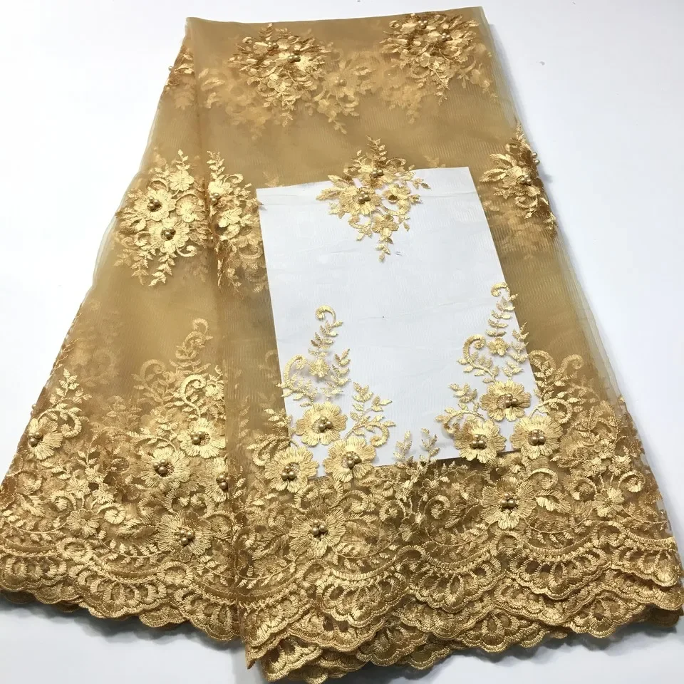 Gold African Lace Fabric 2024 French Nigerian Lace Bridal High Quality Swiss Net Tulle Lace Fabric For Wedding Party M3545