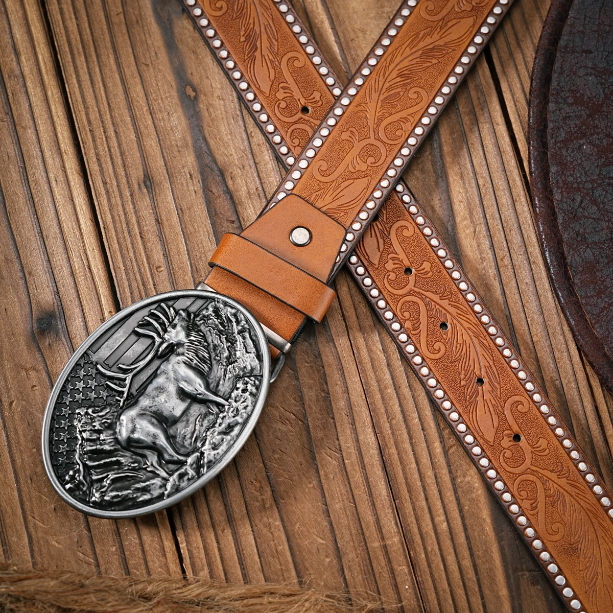 Herren - Damen - Western-Denim - PU-Leder - Gürtel - Vintage-Jeans mit geschnitzter Schnalle – Detail 14