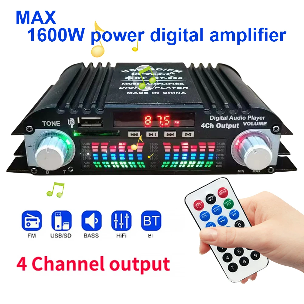 1600W Peak Power Digital 4 Channel Audio Amplifier FM Radio USB Bluetooth-Compatible Mini HIFI Digital Stereo Amp Remote Control