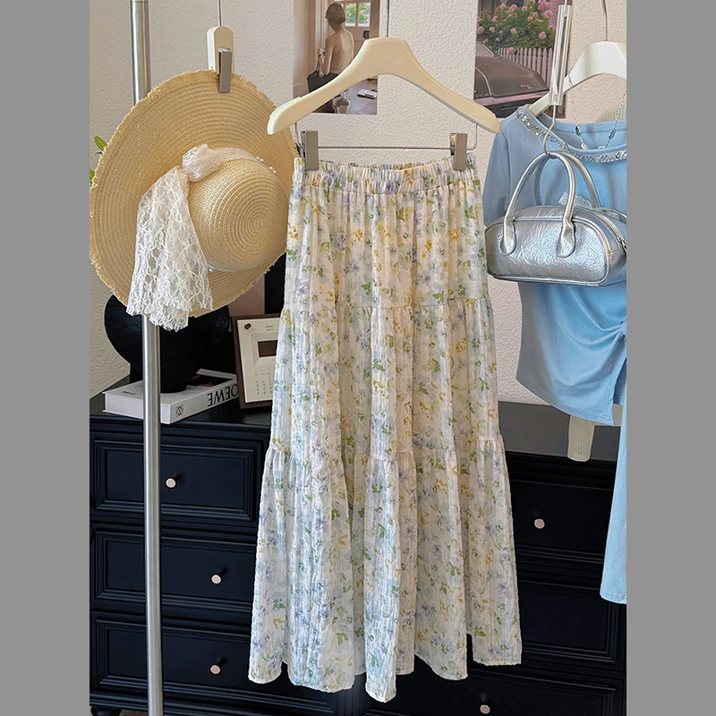 

Women Floral Skirts 2025 Summer New Korean Style Elastic Waist A-Line Skirts Loose Versatile Gentle Sweet Skirt
