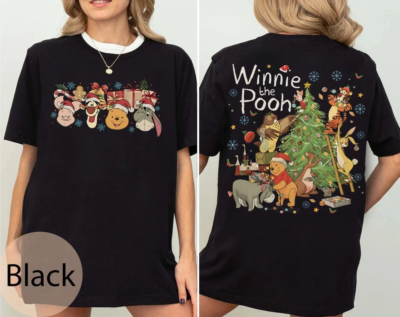 

Disney Winnie The Pooh Christmas Tree Pattern Printed Short-sleeved Parent-child Outfits for Men and Women, Christmas T-shirts