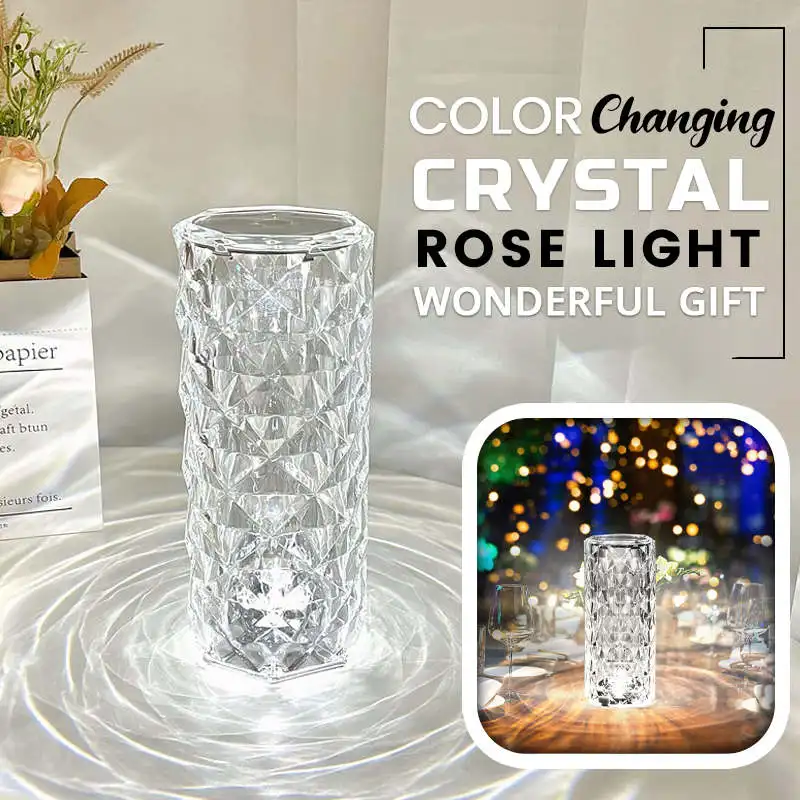 Rose Crystal Lamp Crystal Lights Touching Control with USB Port 3/16 RGB Color Changing Romantic Rose Diamond Table Lamp