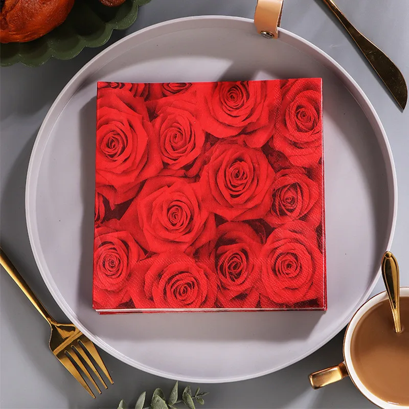 20Pcs/pack Lover Heart Rose Printed Paper Disposable Tableware Napkin Tissues DIY Wedding Party Decoration