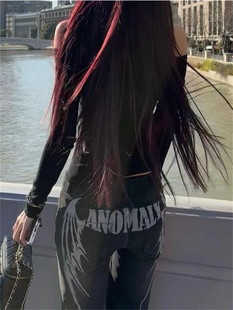 Nowe Retro Jeansy Damskie z Haftem i Nadrukiem, Czarne, Niskie w Pasie, Letnie, w Stylu Millennials, Pikantne, Seksowne, Dopasowane, Proste Nogawki, Lekko Rozszerzane