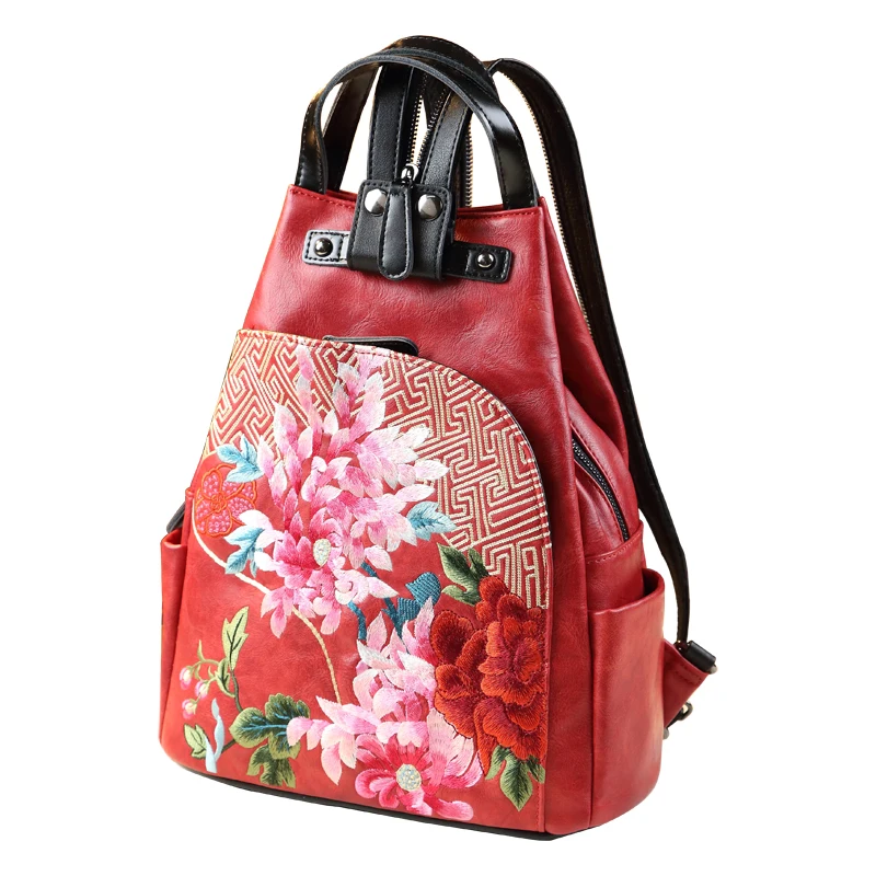 Ethnic Style Fashion Genuine Leather Women Backpack Shoulder Hand School Bag Embroidery Original Design Travel Backpacks